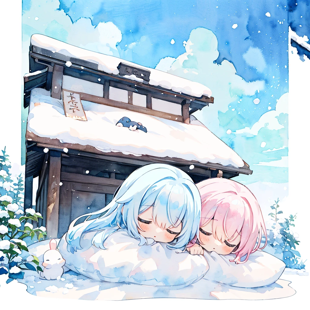 (PastelColors:1.0)、(Cute illustration:1.0)、(watercolor paiting:1.2)、(1 girl:1.0)、hair between eye、 Light blue hair, angelicales, a girl with long hair, Dreamy cloud background, Mini Characters, Sleeping on a futon, Sleeping face down, Colorful clouds, White rabbit ears, drooping rabbit ears、Haze、White the、Chibi Chara、full body Esbian、I ain't sorry、Good night、Pastel clouds、depth of fields、Sleeping in Kamakura、Kamakura made of snow、Winters、Fluffy clothes