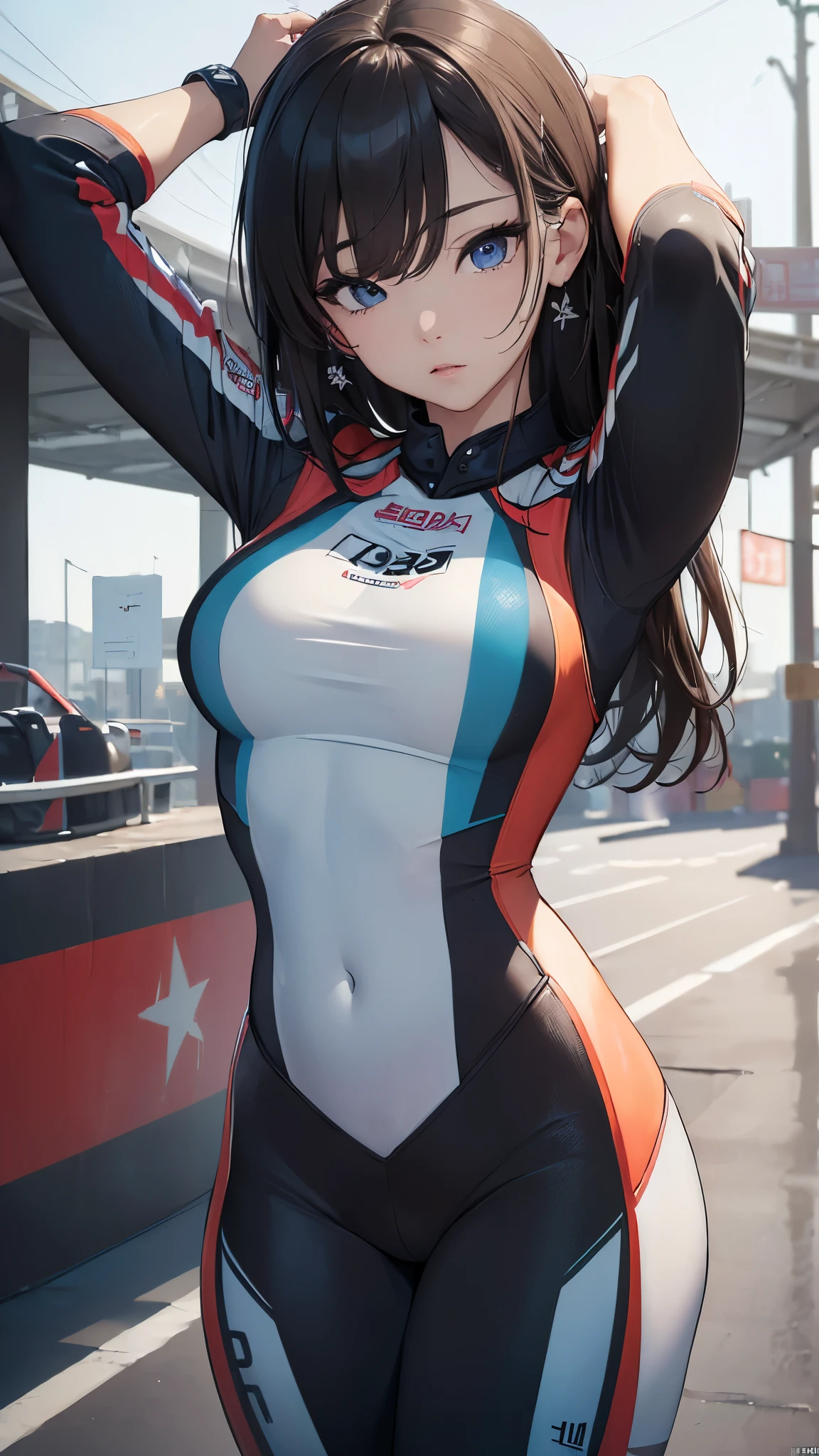 (((masterpiece))),(((High resolution)))、(((8K)))、(((Korean idol))), ((racing suit)), big tits, ((top quality eyes)), ((detailed face)), ((detailed texture)), look at the camera