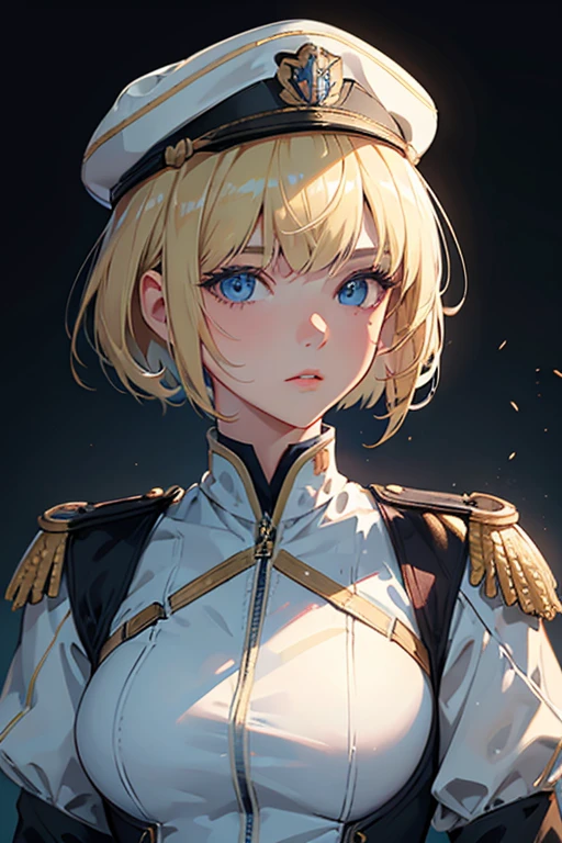 Ultra-detailed, master_piece, Top_quality, 1_beautiful_girl, portrait, Very_beautiful_face, military uniform, goggles on forehead, very beautiful_eyes, blue_eyes, even_eyes, blonde_bob_cut_hair, bangs, Garrison_Cap, hoilding_binoculars, ride on tank