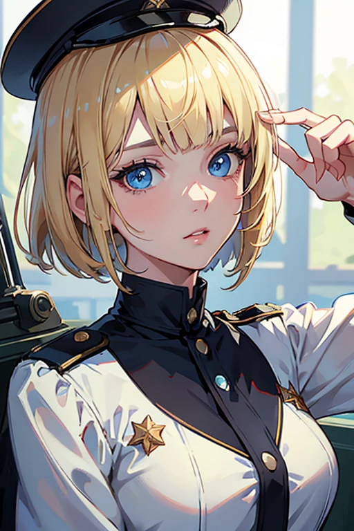 Ultra-detailed, master_piece, Top_quality, 1_beautiful_girl, portrait, Very_beautiful_face, military uniform, goggles on forehead, very beautiful_eyes, blue_eyes, even_eyes, blonde_bob_cut_hair, bangs, Garrison_Cap, hoilding_binoculars, ride on tank