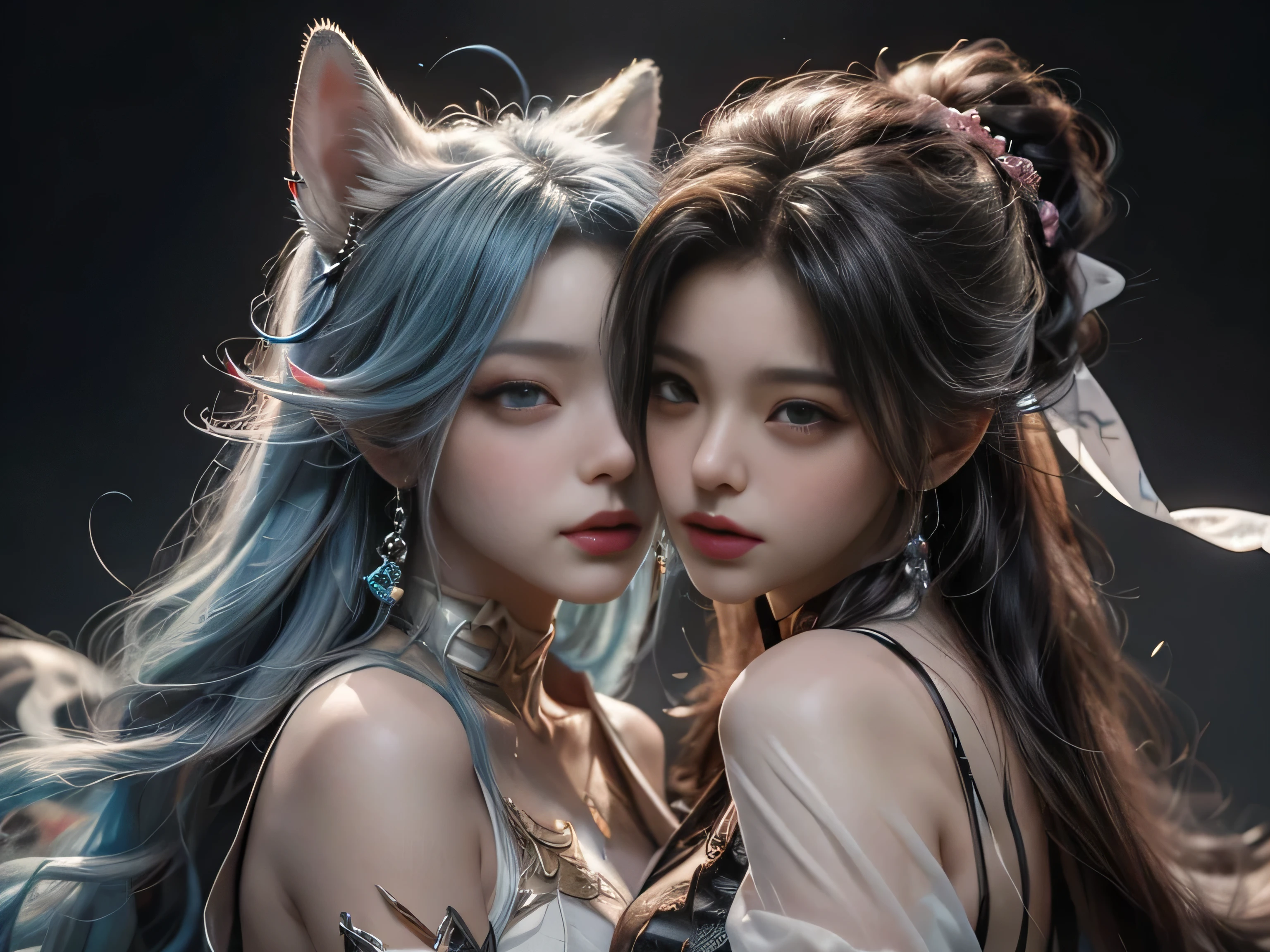 arafed image of a couple of people kissing each other, a digital painting by Ren Renfa, tumblr, fantasy art, xianxia fantasy, fantasy fox love, gorgeous art, concept art of love, sha xi, 8k)), high quality fanart, chinese fantasy, beautiful art, loong, fanart, beautiful avatar pictures, cai xukun, 8k character details, high quality anime art, high quality illustration, detailed anime wallpapers, detailed anime art, hyper-realistic, elegant, high quality realistic anime art, ((Precisely drawn eyes))[Perfect eyes detailed((Beautiful eyes like jewels) drawn in precise detail)[clearly drawn pupils]],[eyes light[Pinpoint lighting for the eyes]],[long and beautiful eyelashes],[precisely drawn hair [Beautiful and lustrous hair detailed]], (Perfectly hand detailed [Beautiful fingers with no damage [beautiful nails]]),(perfect anatomy(perfectly balanced proportions))[[full body portrait]],[ideal color coordination(Accurate simulation of light and material interactions)],([Precision Detail](detailed,高fine)),[Visual art that tells a story],((highest quality)fine[[High density drawing]])(4K Quality)