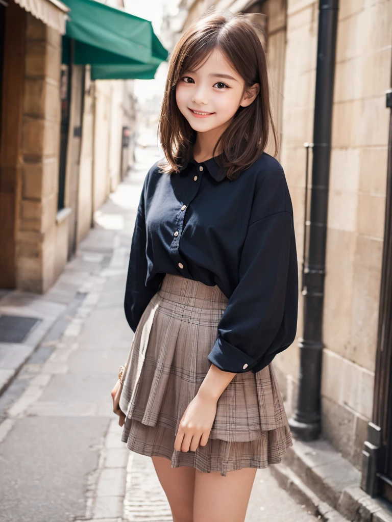 (masterpiece,highest quality,超A high resolution), (((Very beautiful girl))), pretty girl、Travel to France、Paris、smile、 Outdoor、Super cute face, Glossy lips, Double eyelids on both eyes, Natural Makeup, Long eyelashes, Shiny and smooth light brown long bob hair, Perfect limbs, FULL Body, Gorgeous cute clothes、Ruffled shirt、Layered Skirt、