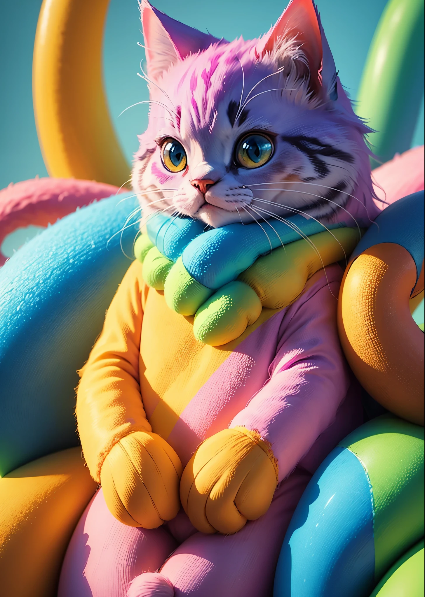 Pop and catchy illustrations、Colorful and fun atmosphere、Cat、2D、3D、8k, Super Detail, Accurate, highest quality、Sharp images、High color reproducibility、Attention to detail