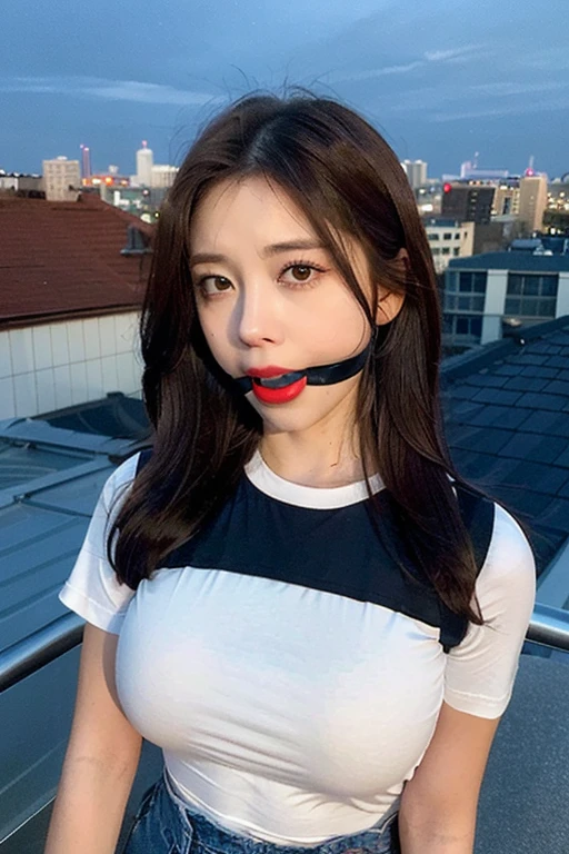 ((Midnight, Best quality, 8k, Masterpiece :1.3)), Whole body, Long legs, Sharp focus :1.2, A pretty woman with perfect figure :1.4, Slender abs :1.1, ((Dark brown hair, Big breasts :1.2)), (White tight tshirt, Jean bib, Standing:1.2), ((Night city view, Rooftop:1.3)), Highly detailed face and skin texture, Detailed eyes, Double eyelid, ballgag