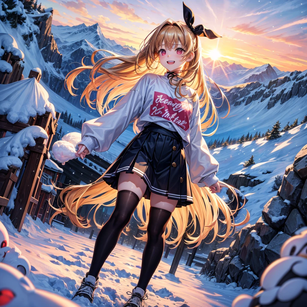 Pink gold golden hair、Red eyes、One good looking girl、solo、anime、Checkered mini skirt、The skirt has buttons、Blue camisole、White T-shirt、Long sleeve、China、Black knee-high socks、Wearing a ribbon、Ribbon on waist、Tilting face、Teeth are visible、tunnel、Sunset sky、The rocks are exploding、Penguins are walking、Snow is piled up、Rocky Mountain