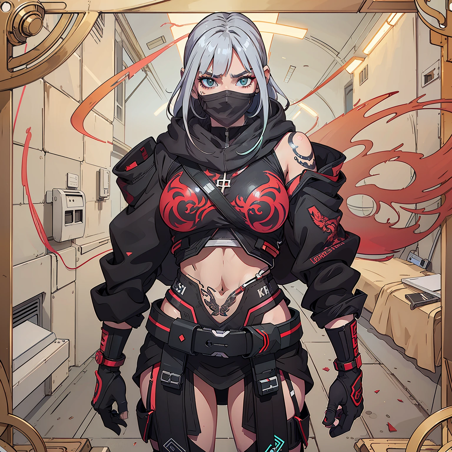 hight resolution, tmasterpiece, beste-Qualit, 1girl, red sclera,red pupils, Cyborgunder, green hair, colored skin, demonictech, Lots of tattoos, futuristic clothing, upskirt, neon details, Neon cyberpunk style, Another world in the background, finely detailed skin, Huge-breasts, Very muscular legs, golden ratio body, Flexible housing, Abs, gray-haired anime girl, The appearance of the model, A perfect chest, long black cloak, martial arts, A lot of details in clothes, bare thighs, open belly, full height, Half-turn, Professional drawing, proportional, long legs, long straight hair, Sweet thin face, rounded eyes, 4k digital painting, Detailed Face, cosmetics, hiquality, There is no blur, Realistic breast physics, demonic horn and half an angelic halo above the head, Fluorescent miniupskirt,Combination of black and green,Being in the room, best anime 4K wallpapers, Anime 4K Style, cyberpunk anime boy in a hoodie, Anime Art Wallpapers 8K, Anime Art Wallpapers 4K, Anime Art Wallpapers 4K, anime moe art style, 4k anime wallpaper, anime wallpaper 4k, anime wallpaper 4k, badass anime 8 k,One leg prosthesis