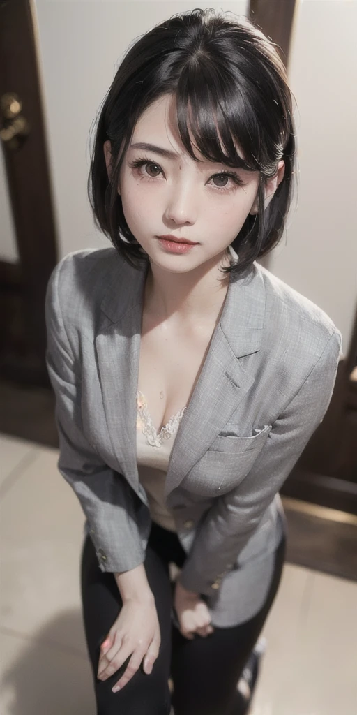 ((8k, RAW photos, top quality, masterpiece), High-resolution RAW color photos Professional close-up photos, (实际of, Photorealism: 1.37), (最好of质量), (Best shadows), (Best Illustration), clavicle ((大of)), ((of, 性感of, Ultra-high resolution, HD CG unified 8K wallpaper, 基于物理of渲染, Movie Lighting), (Egiosar:1), 18歲of女孩, (Grey suit jacket, ribbon, sock, high school: 1.2), high school课堂, 美丽of眼睛细节, There is light on the face, ((full-body shot: 1.2)), 特别强of光线, (Upper Eye, to grin:1.2),有光泽of皮肤, (((Black Hair, Bob Hairstyle:1.2))), ( Thick thighs), ulzzang-6500-v1.1:0.2, 害羞of, (flash:1.2), National Foundation , (fluffy), ((Seductive pose: 1.2, 吸引人of: 1.2)), (闲置of), (坐在教室of桌子旁: 1.2)), ((良好of解剖结构: 1.2)), ((明亮清新of教室, Background blur: 1.2)), Perfect face, 可爱of脸孔, (High Angle Shot:1.2)