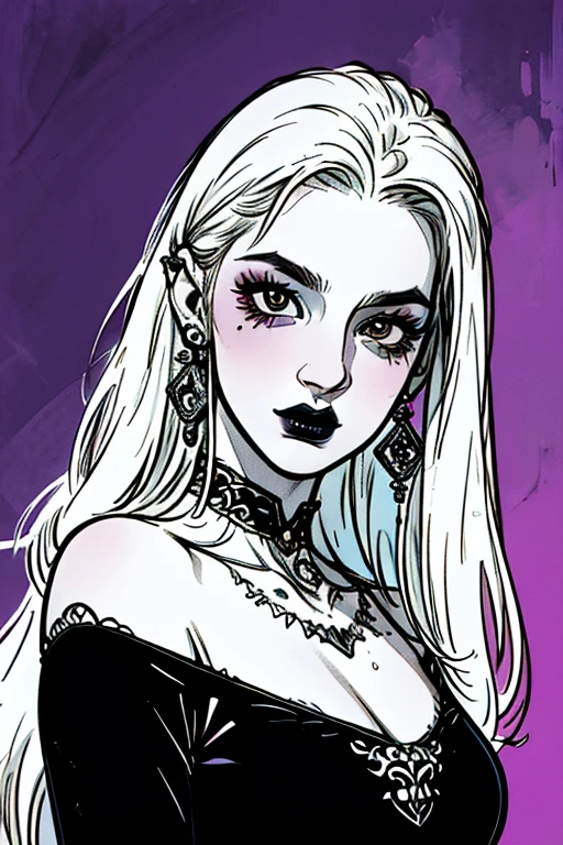Beautiful Hardcore Illustration homepage illustration style, dark, high resolution, hard touch illustration, strong outline, one girl, gothic fashion, 8k, American comic style, colorful background, beautiful face, cool beauty, beauty style, long hair, cute pose, Hard illustration, (high quality, 4k, detailed:1.2), ultra-detailed, (realistic:1.37), (black and white), absurdres, aesthetic, detailed body piercings
