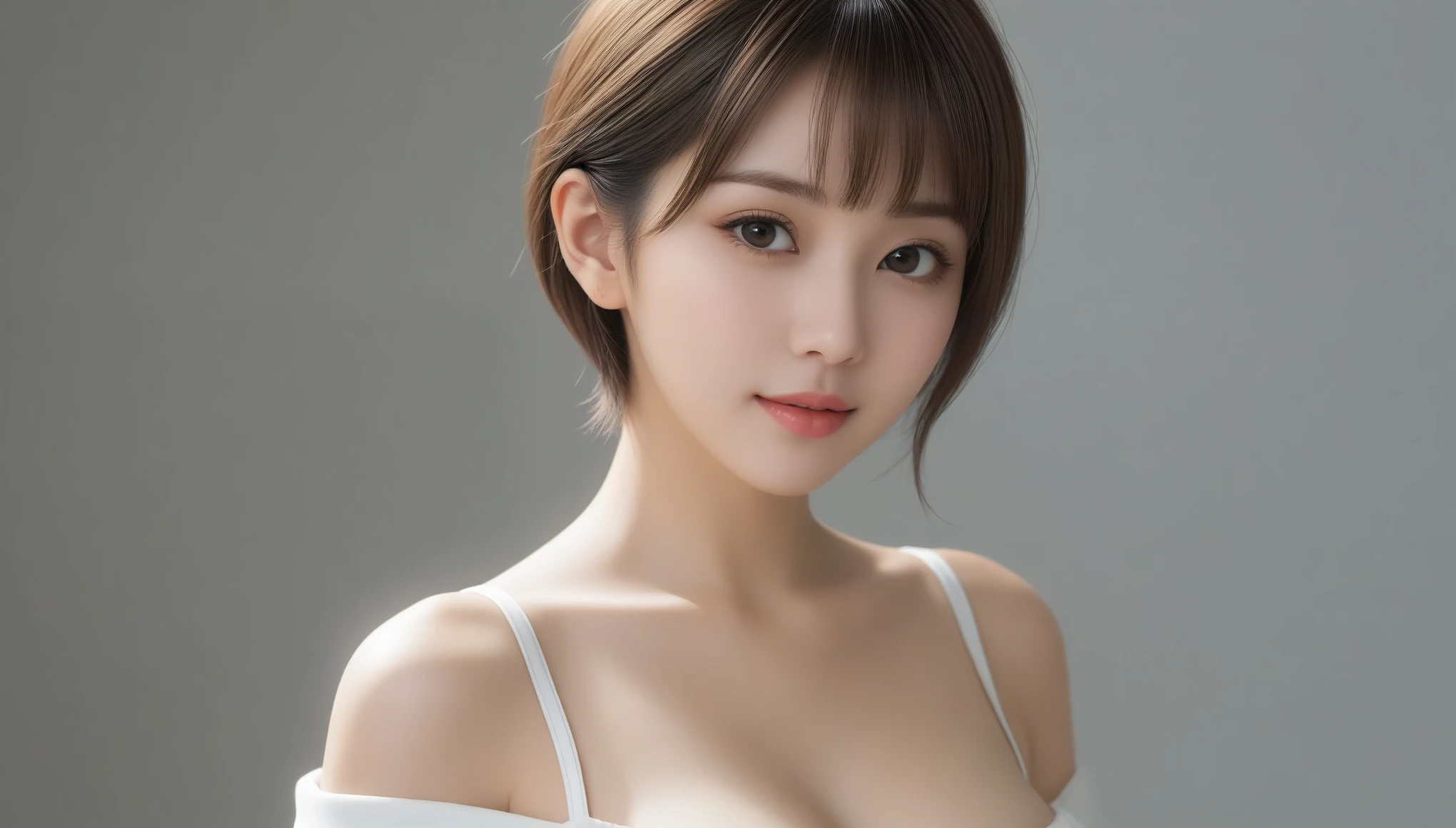 8K, 超High resolution, highest quality, masterpiece, 超Realistic, photograph, 1 girl, (:1.3), pretty girl, Cute face, Beautiful eyes in every detail, 細かくdetailedに, masterpiece, One beautiful girl, Fine grain, Swollen eyes, The best quality at its best, Hyper HD, (Realistic: 1.4), RAWphotograph, One girl, Cinema Lighting, Japanese, Asian Beauties, South Korea, so beautiful, Beautiful skins, slim, Body facing forward, (超photographリアリシズム), (High resolution), (8k), (非常にdetailedです), (Best Illustration), (Beautiful and delicate eyes), (超detailed) , detailedな顔, View your viewers, Staring straight ahead, Dress neatly, No sleeve,Short fine hair,Brunette color hair,46 point diagonal bangs,The room is based on white.,Clean atmosphere,Big Chest,Natural large breasts exposed、Sexy pose、See through 、Look at the audience、beauty,Long neck、Smile a little、Please close your mouth and laugh、(((Ideal body proportions))),A cup small breasts :2,、Portraiture:2、Perfect Anatomy、Vivid details、detailed、超Realistic、Light and shadow,Strong light,Fashion magazine cover,Thin lips