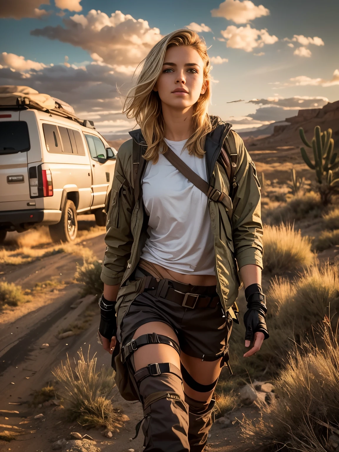 Masterpiece, Transitioning to a desert landscape at sunset, a lone figure, a beautiful 25 years old American woman emerges wearing modern camper living clothes, very white skin, blonde hair, blue-grey eyes, freckles on face, slim running body, small breasts, very detailed face, ultra realistic face, clean but energized face, very beautiful face, trail hiking clothing boots an leather pack water bottle and knife, layers weather appropriate fabric, unconventional accessories, and a weathered look create an aura of survival and resilience, 16K, ultra high res.photorealistic, UHD, RAW, DSLR