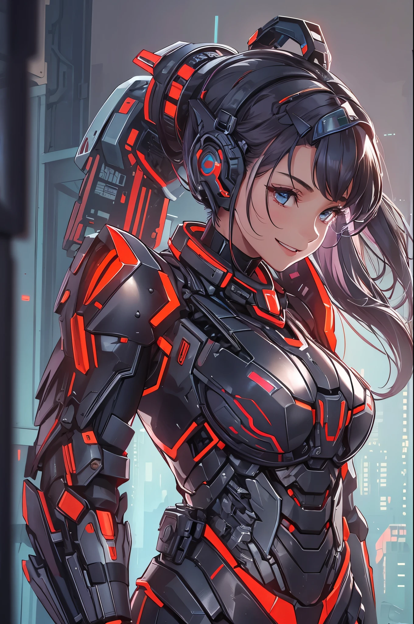 A beautiful Women, ( Queen), ((sci-fi, body armor, futuristic, full body frame, smile, mecha suit )), royal, beautiful face, black color hair, ponytail hairstyle, red details
