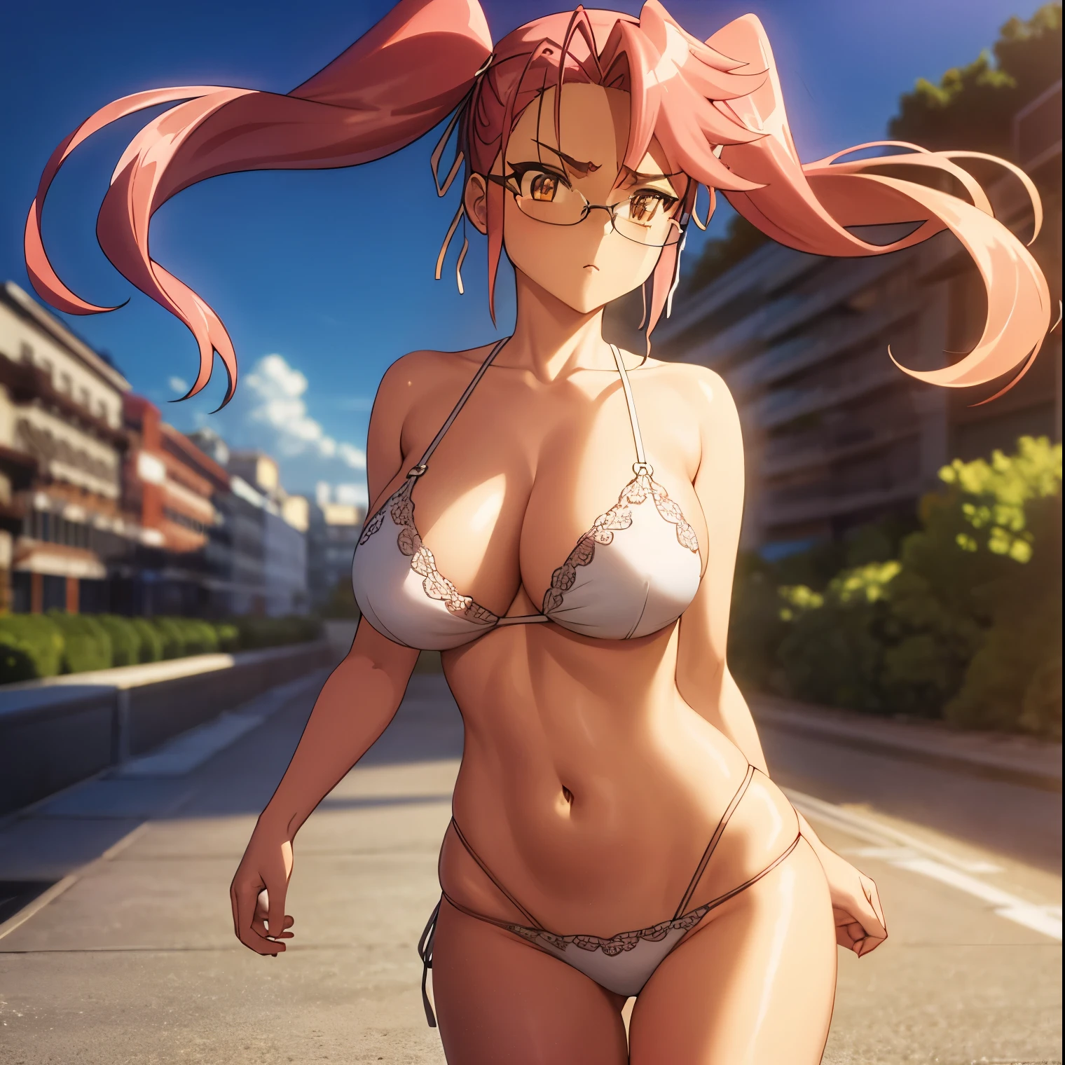 1 girl, alone, saya takagi, long hair, ribbon, two pigtails, (brown eyes: 1.3), hair ribbon, pink hair, glasses, micro bikini, pink bra, pink thong, outdoors, beach, zombie sea , sun, sky, clouds, lying on the sand, looking at viewer, pov(from above)(cowboy shot: 1.5),large breasts,medium waist,wide hips,medium thighs,round butt,curvy body,(masterpiece: 1.2),best quality,high resolution, Unity 8k wallpaper, (artwork: 0.8), (beautiful detailed eyes: 1.6), extremely detailed face, perfect lighting, extremely detailed CG (perfect hands, perfect anatomy),