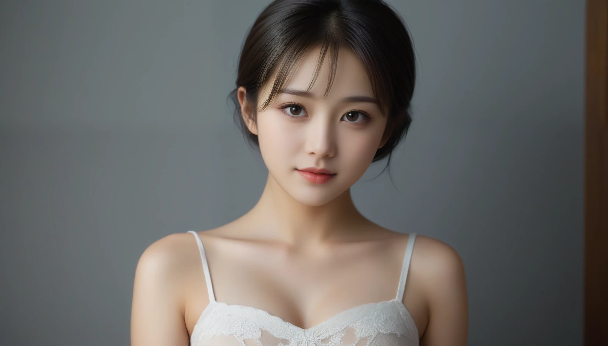 8K, 超High resolution, highest quality, masterpiece, 超Realistic, photograph, 1 girl, (:1.3), pretty girl, Cute face, Beautiful eyes in every detail, 細かくdetailedに, masterpiece， One beautiful girl， Fine grain， Swollen eyes， The best quality at its best， Hyper HD， （Realistic： 1.4）， RAWphotograph， One girl， Cinema Lighting， Japanese， Asian Beauties， South Korea， so beautiful， Beautiful skins， slim， Body facing forward， （超photographリアリシズム）， （High resolution）， （8k）， （非常にdetailedです）， （Best Illustration）， （Beautiful and delicate eyes）， （超detailed） ， detailedな顔， View your viewers， Staring straight ahead， Dress neatly， No sleeve，Short fine hair，Brunette color hair，46 point diagonal bangs，The room is based on white.，Clean atmosphere，Big Chest，Natural large breasts exposed、Sexy pose、See through 、Look at the audience、beauty,Long neck、Smile a little、Please close your mouth and laugh、(((Ideal body proportions))),A cup small breasts :2,、Portraiture:2、Perfect Anatomy、Vivid details、detailed、超Realistic、Light and shadow,Strong light,Fashion magazine cover,Thin lips