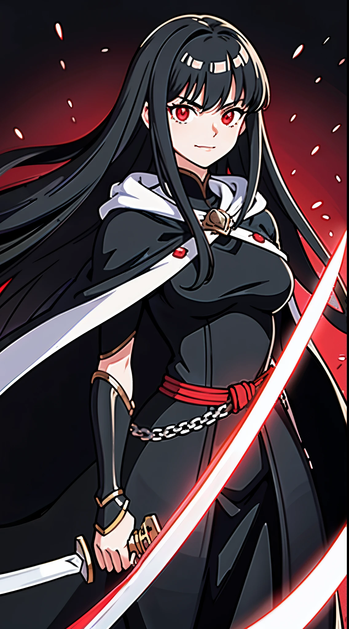 upper body, 1woman, grey-black hair, Long Haired, red eyes, ((swordwoman)), black cape, big breats, wallpaper, chain background, light particles, ((masterpiece)), ((best quality)), ((Top Quality)), pale white skin, solo, long black sword on back, closed-mouth smile