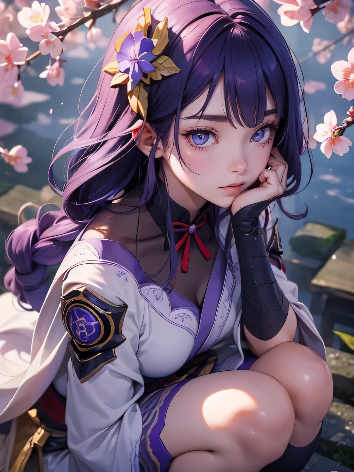 ((Above the knees image:1.4))Japanese Temples, (highest quality,Realistic,masterpiece:1.2,8k wallpaper:1.2),((Pale skin)),One Girl,women only,((Genshin Impact_Impact,General Raiden)),Lightning Particles,Purple Lightning,Light background,cherry blossoms,Purple Theme,Delicate facial features,Sexy and beautiful anime girls,General Raiden,Long purple hair,Rosy lips,Anime Mouth,Shut your mouth.,(Very sad face),fine grain,Big Bust Type,