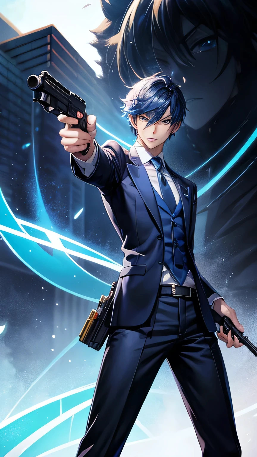 anime character with a gun and a blue tie posing for a picture, tall anime guy with blue eyes, handsome anime pose, male anime character, anime handsome man, young anime man, smooth anime cg art, ryuta ueda artwork, makoto shinka, anime boy, highly detailed exquisite fanart, detailed anime character art, best anime 4k konachan wallpaper, cool pose