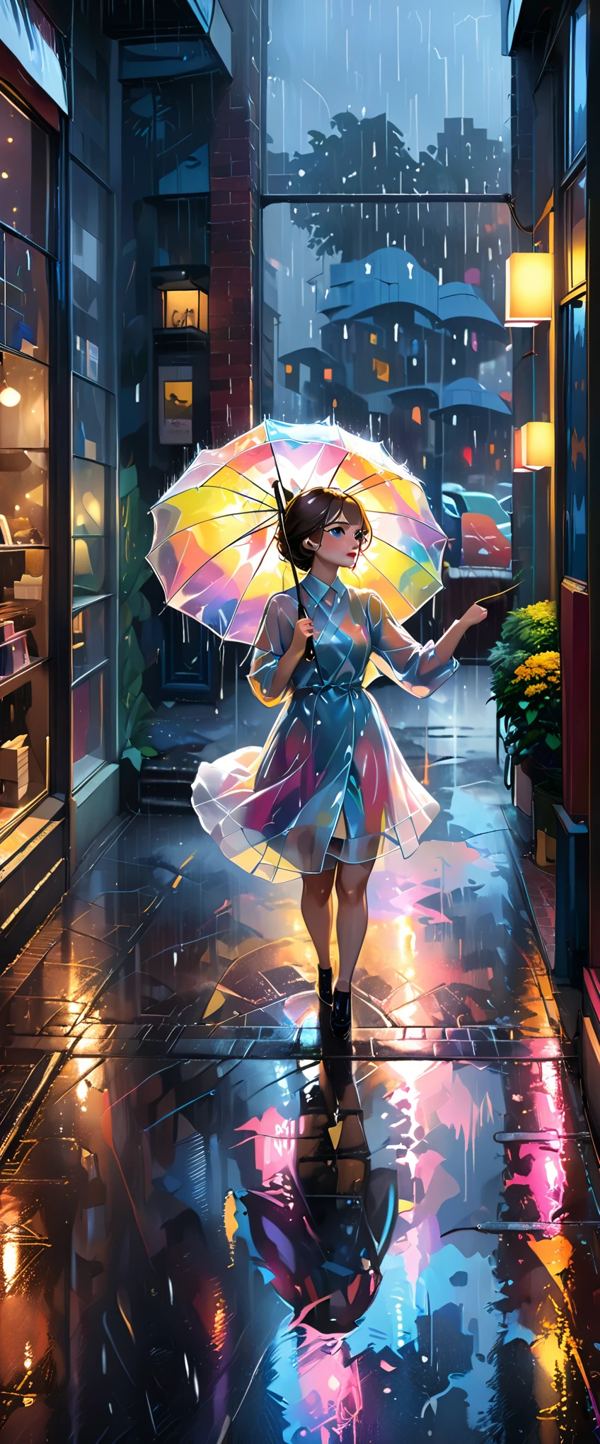 (best quality,ultra-detailed,realistic:1.37), humor,comic style,bold lines, a girl in a city at night,wearing made of transparent vinyl rainbow colored rain coat,holding an umbrella,((dancing in the rain like Singin' in the Rain:1.8)),Close to cold colors,reduce saturation,((natural color:2.8)) full-body image,medium:oil painting,detailed face,beautiful eyes and lips,dark and moody atmosphere,vibrant colors,streaks of raindrops,city lights reflecting on wet streets,glowing umbrellas in the background,shimmering rain-soaked pavement,ethereal and dreamy lightin,((lined up shop windows and narrow sidewalk background:2.0))