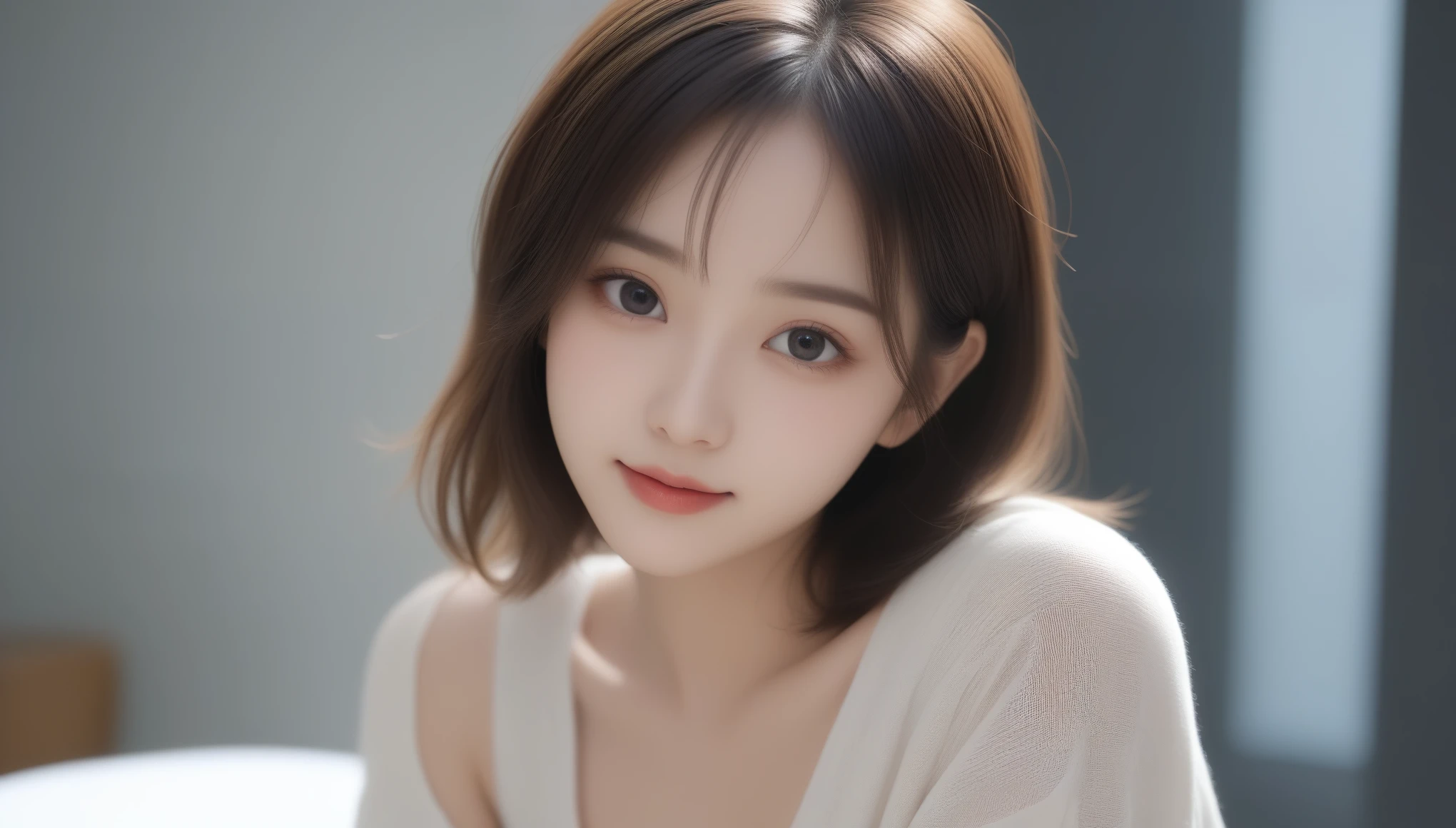 8K, 超High resolution, highest quality, masterpiece, 超Realistic, photograph, 1 girl, (:1.3), pretty girl, Cute face, Beautiful eyes in every detail, 細かくdetailedに, masterpiece， One beautiful girl， Fine grain， Swollen eyes， The best quality at its best， Hyper HD， （Realistic： 1.4）， RAWphotograph， One girl， Cinema Lighting， Japanese， Asian Beauties， South Korea， so beautiful， Beautiful skins， slim， Body facing forward， （超photographリアリシズム）， （High resolution）， （8k）， （非常にdetailedです）， （Best Illustration）， （Beautiful and delicate eyes）， （超detailed） ， detailedな顔， View your viewers， Staring straight ahead， Dress neatly， No sleeve，Short fine hair，Brunette color hair，46 point diagonal bangs，The room is based on white.，Clean atmosphere，Big Chest，Natural large breasts exposed、Sexy pose、See through 、Look at the audience、beauty,Long neck、Smile a little、Please close your mouth and laugh、(((Ideal body proportions))),A cup small breasts :2,、Portraiture:2、Perfect Anatomy、Vivid details、detailed、超Realistic、Light and shadow,Strong light,Fashion magazine cover,Thin lips