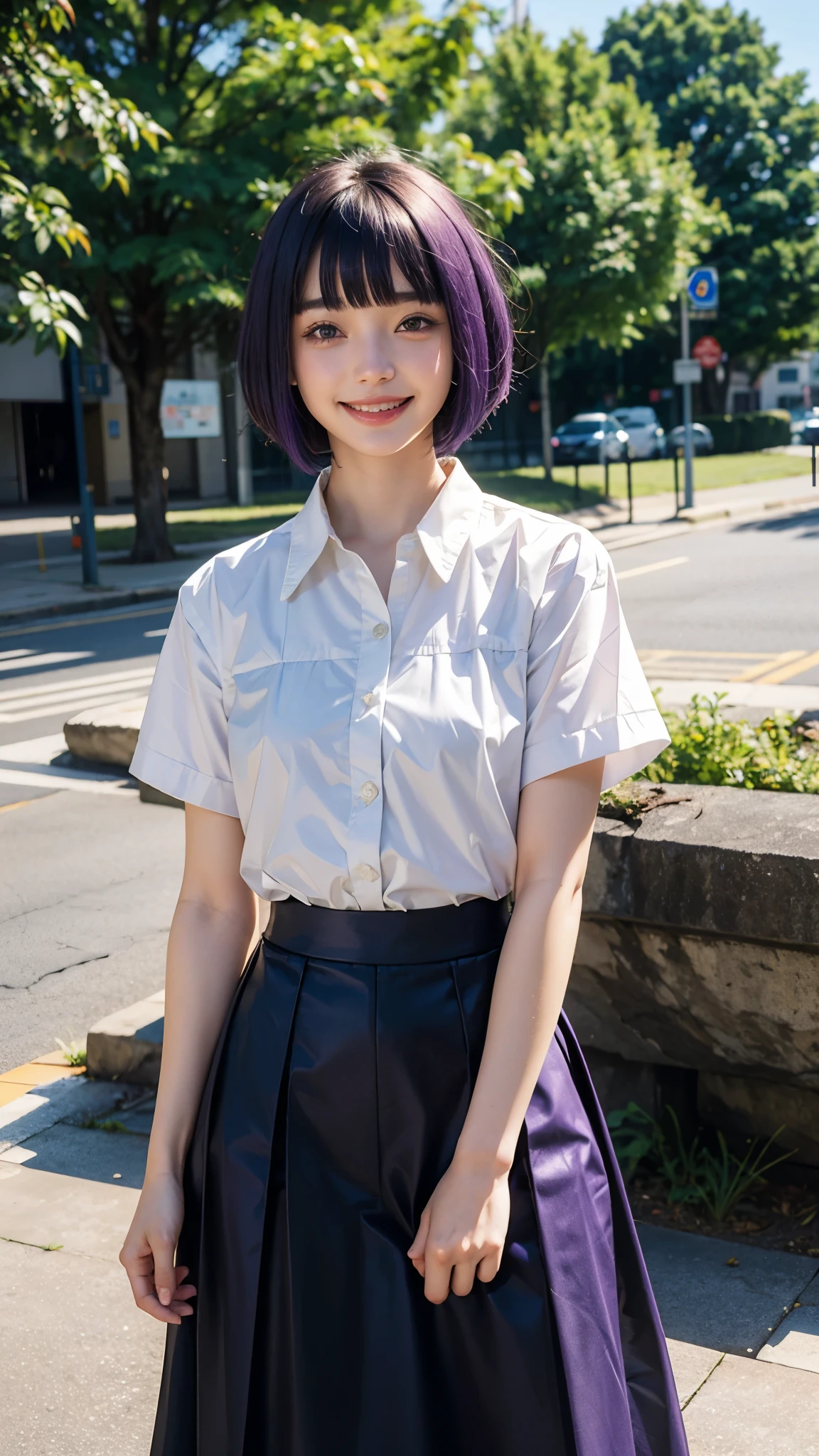 (1 lady), (Best quality at best:1.4), (ultra - detailed), (extremely detailed CG unified 16k), A Beautiful Woman with Perfect Figure: 1.4, Sharp Focus: 1.2, purple hair, very detailed, High-definition RAW color photo, professional photoshooting, amazing face and eyes, cosmetics, (standing), (amazingly beautiful girl), ((kotomi)), (exact clothes: (buttons white shirt, long sleeves), (azure tight skirt jean-type, til knees skirt), formal, teacher outfit, glasses, (black combat boots, blue laces)), (looking cute, immerse in her own thoughts expression), (City park, extremely detailed background, realistic background, first date vibes), (frontal photo), realistic cinematic face, head to feet long wide zoomed out view, full body long view, head to shoes, photorealistic, ((realistic natural purple hair style, purple eyes)), gorgeous, extremely beautiful face, pretty face, delicate girl, (attractive body, fit woman, big girl, athletic body, strong female), perfect model beauty, pout mouth, Highly Detailed Face and Skin Texture, Detailed Eyes, Double Eyelids, Medium size breasts, shy but motivated expression, (masterpiece), best quality, high resolution, extremely detailed, cinematic lighting, amazing legs, clear and well-cared skin, (milky pale skin, white skin like milk), official dior editorial, trending on pinterest, dreamy, aesthetic, ((style raw))