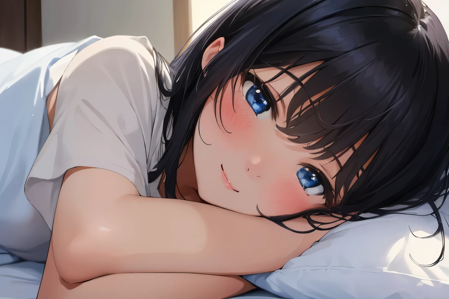 Masterpiece、highest quality、1 female、Super detailed　Black Hair、bangs　Blue Eyes、Detailed depiction of the eyes　Smiling、blush　camisole　Face is close、Facial Close-up、Bring your face closer　Sheetsに寝転がる、Lying on your side、The hug is coming　Sheets