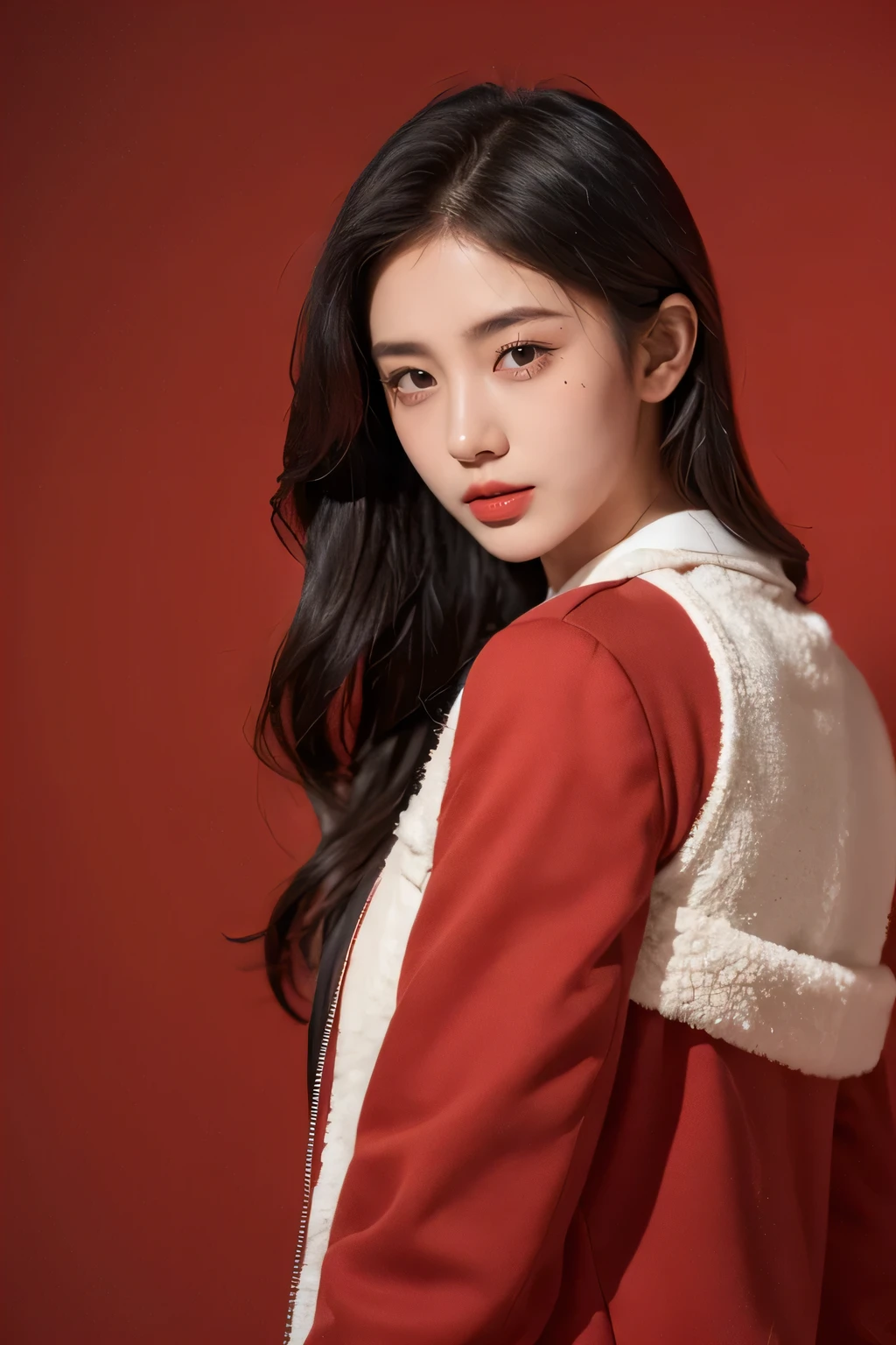 21-year-old girl, black flowing hair, standing confidently in front of a vibrant red background. She is wearing a stylish coat that accentuates her youthful charm. Her beautiful detailed eyes playfully tease, capturing a sense of mischief and allure. The image is of the best quality, with ultra-detailed features that bring out the realistic and photorealistic aspects of the artwork. The lighting is carefully crafted, highlighting her delicate features and casting soft shadows. The overall color palette is vivid and striking, enhancing the visual impact of the scene.