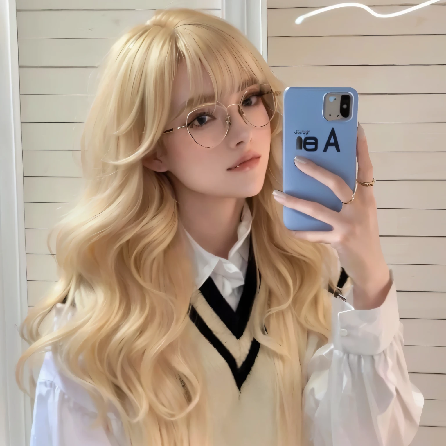Blonde woman with glasses taking a selfie in front of a mirror., tema de pelo ondulado amarillo, pelo largo y rizado rubio claro, con pelo largo y rubio, pelo largo con flequillo completo, pelo rubio rizado largo y esponjoso, chica anime rubia con pelo largo, pelo rubio largo y ondulado, pelo largo y rizado rubio y esponjoso, pelo largo con flequillo, pelo largo y blanco y flequillo