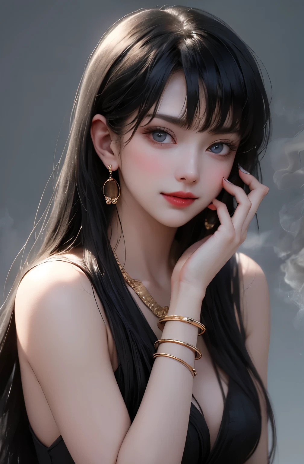 Beauty、 One girl, alone, Long Hair, View your viewers, smile, blue eyes, beautiful Background, jewelry, black Hair, Mouth closed, Blunt bangs, Manicure, bracelet, lips, Grey Eyes, Portraiture, Red nails, close, red lips, put your hand on your face, Put your hand on your cheek,(Mature Woman),(Shiny skin),((Steaming body))
