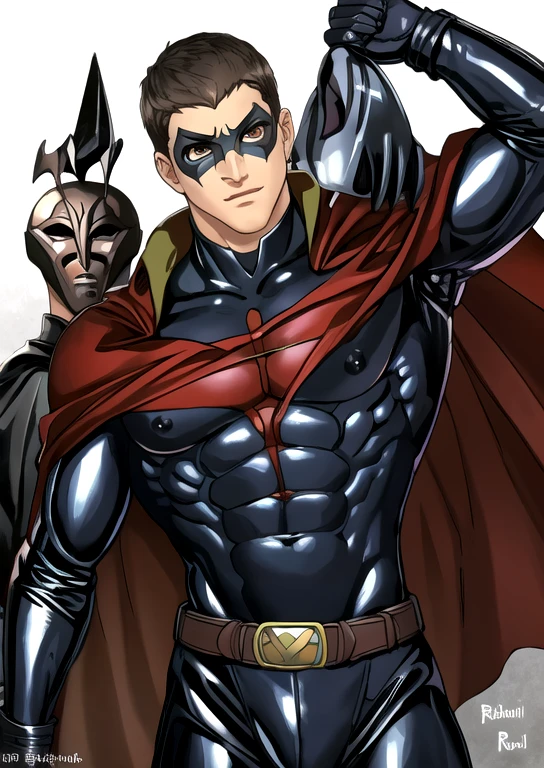 ((best quality)), ((masterpiece)), ((realistic)), (detailed)
muscular boy, narrow waist,  Slim waist, shiny latex bodysuit, gloves,  
1 boy, 
bulgej8, bara, brown eyes, arm up, stand, (versus), robin, black crotch, red cape, gloves, Cape, mask2, muscled outfit black, br, nipples, black belt, brown hair, short hair, gloves, ((mask))