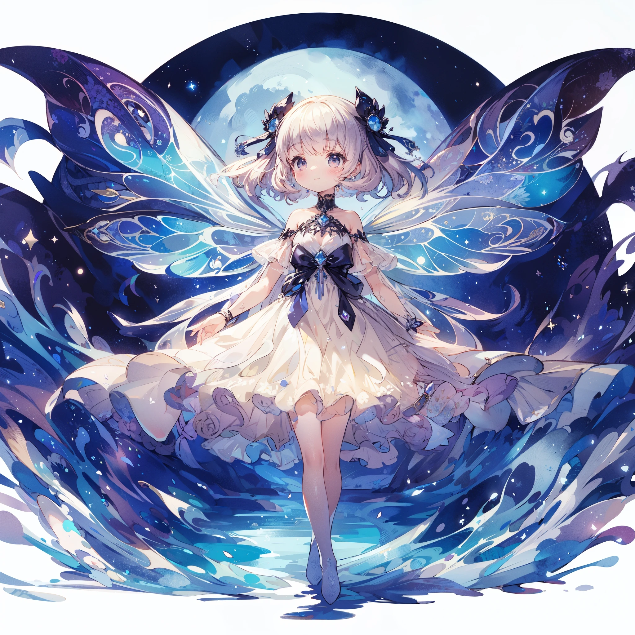 (highest quality, Very detailed, beautiful, Exquisite, 16k, Full HD), On the roof of a house in an old European town on a crescent moon night, a beautiful, young fairy princess with butterfly-like wings is looking elegantly at the moon on a beautiful dark moonlit night, smiling in ecstasy.,A beautiful large crescent moon, stars, shooting stars and shooting stars,(She has beautiful, clear fairy wings growing from her back and is wearing a tiara, earrings and a choker.), She is wearing a beautiful black and silver ball gown dress decorated with jewels, ribbons, frills and lace, and has beautiful fairy shoes.,(She has pale pink cheeks, beautiful silver hair, plump pink lips, fair skin, a large bust, and a nice figure.),Vibrant and striking colors,From a little distance,Dreamy cute atmosphere