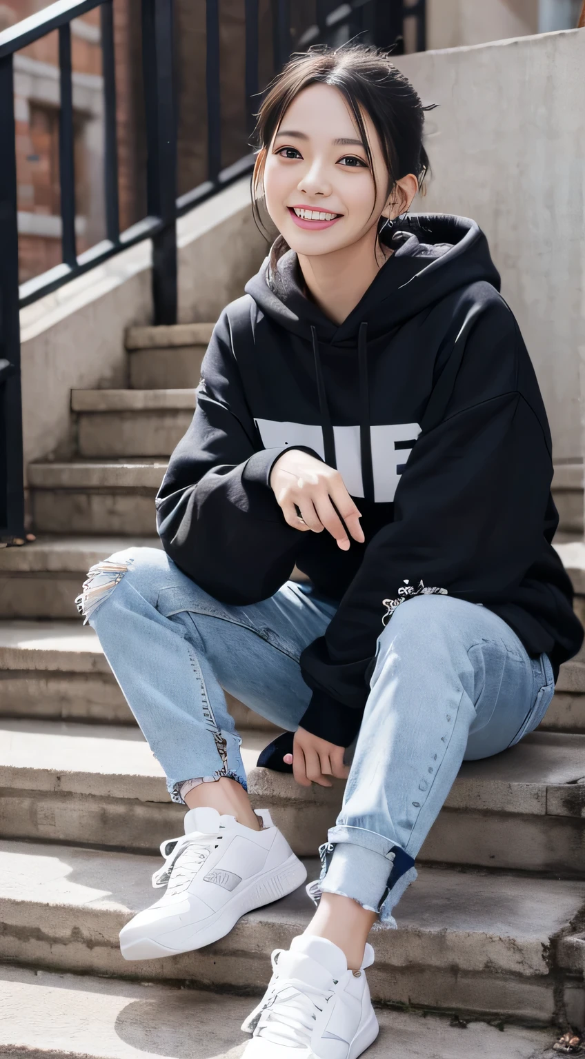 highest quality, Realistic, Very detailed, Finer details, High resolution, 8k wallpaper, One beautiful woman,Sit on the stairs、(Wear black socks)smile、(Beautiful teeth alignment、)(Gums are visible) Oversized hoodie, Skinny jeans,( Black sneakers)、Black Hair、 Beautiful Bangs、ear piercing、Perfect dynamic composition, Beautiful and detailed, Full Body Shot, A big smile