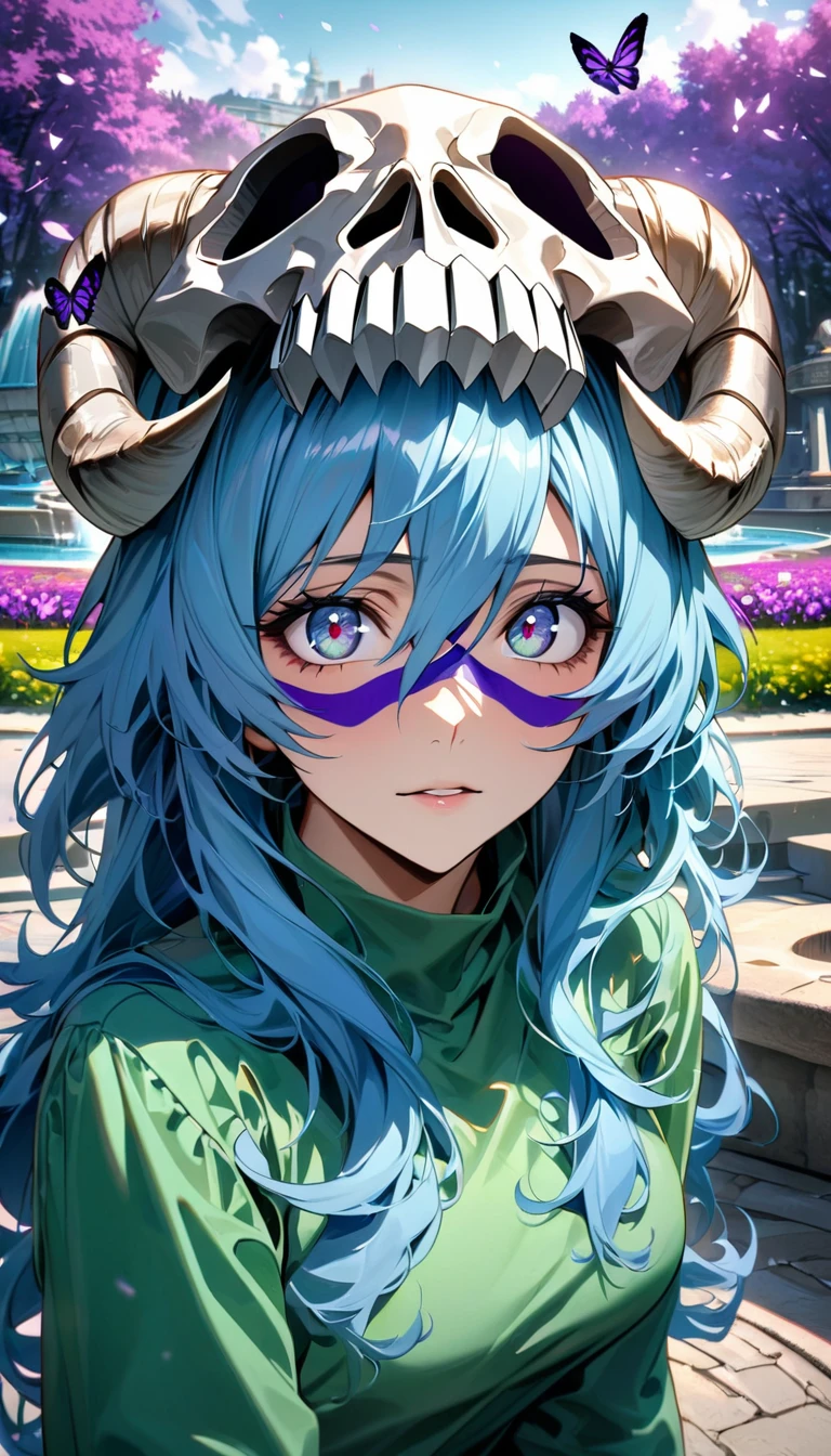 absurdres, highres, ultra detailed, HDR, master piece, ultra detailed picture, extremely detailed face and eyes, Nelliel Tu Odelschwanck, light-blue long hair, expressive hazel eyes, Bleach, green clothes, solo, woman, extremely beautiful, purple flowers, park, fountain, purple trees, purple butterflies