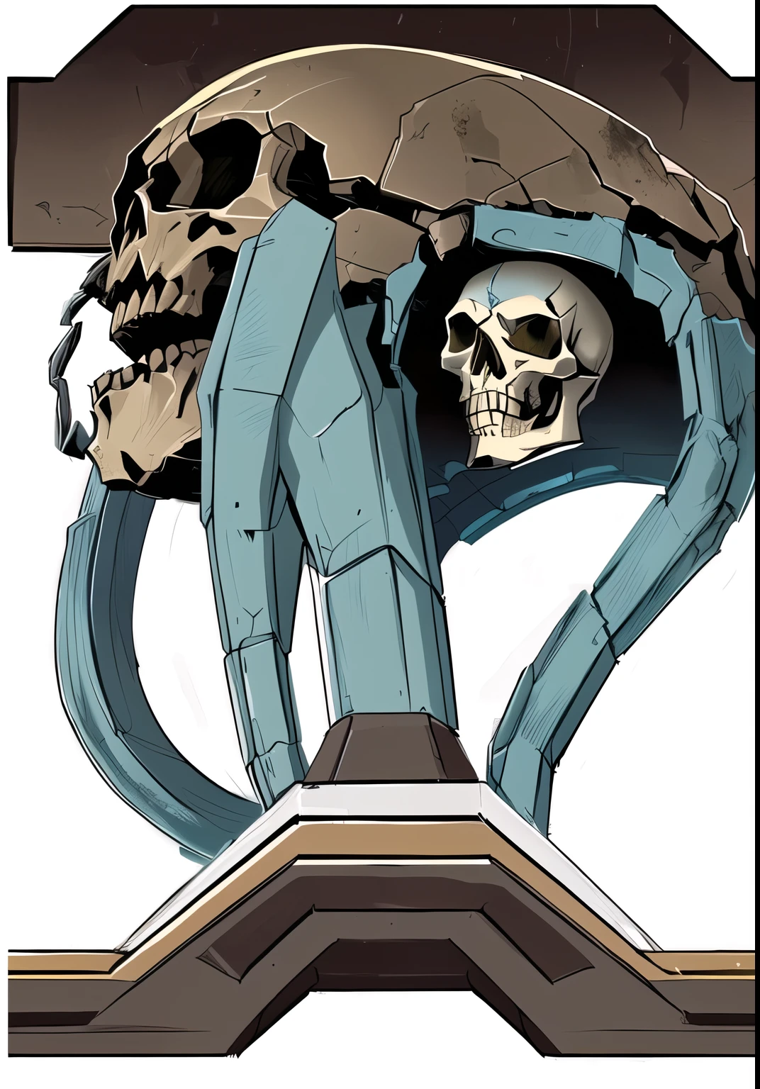 um desenho de uma caveira com um capacete em cima, Giant robot skull, colorful digital illustration, arte renderizada, silent decay coloring, Vestido Ainz Ooal, ( ( ( esqueleto ) ) ), limpar lineart e cor, there is a skull over a table, esqueleto, skull like, colorful illustration, segurando um cajado de caveira, bone scepter