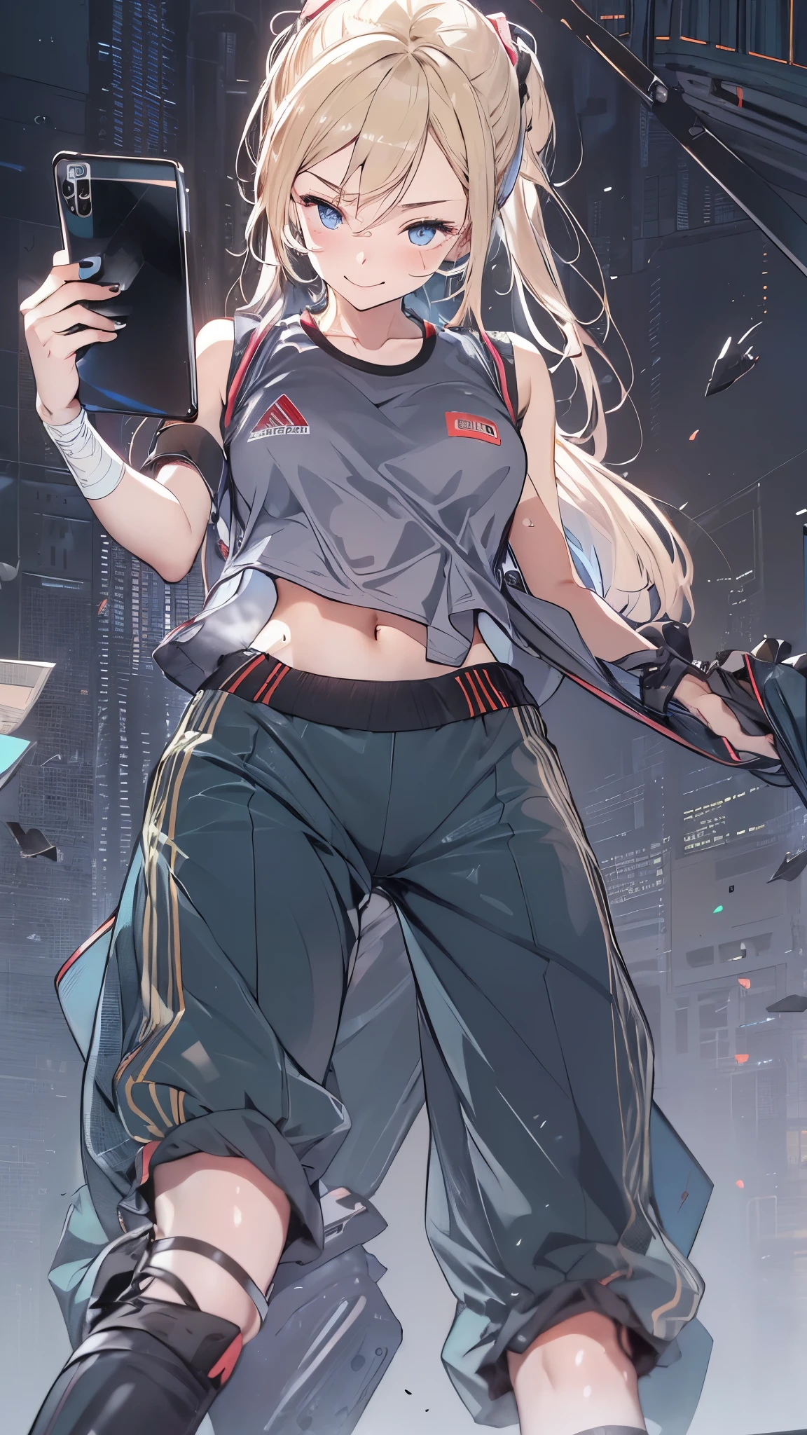最high quality、best image quality、masterpiece、girl((20-year-old、 By becoming、vest bust、medium bust,wide open breast tea、Shining eyes, blonde、long hair、thin,highest valley、ponytail、action of looking up、Bandage on right arm、Sportswear with a wide open chest、short belly blue pants、cool pose、holding a black smartphone、sweating、smile、movement of leaning forward)),high quality、beautiful art、background((cyber sports gym))、flight、debris flies、Depth of written boundary、movie、visual art、perfect art、8K,genuine、