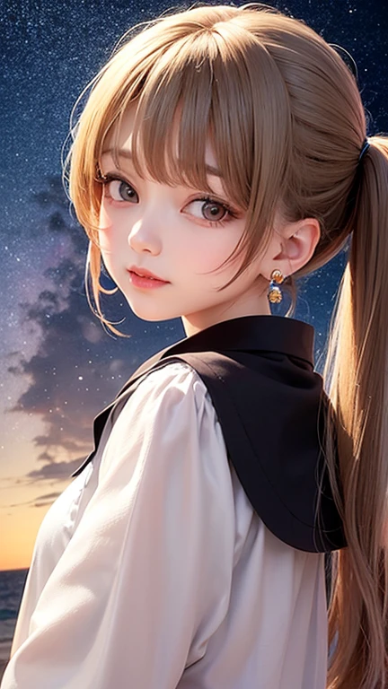 Small face、(highest quality, masterpiece), One girl, Twin tails、Pause, particle, Wind, flower, Upper Body, Simple Background, View your viewers, , Milky Way,smile、(Long hair mixed with white)、cute、Twin taililky way、Crescent Moon、Small Earrings、(Semi-transparent、green、sexy、See-through uniform)、Take off your blouse
