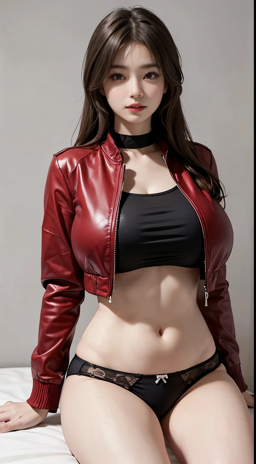 (highest quality, masterpiece:1.2), White Background, (Huge breasts:1.5), Realistic, Big Breasts, (垂れ下がったHuge breasts:1,5), Narrow waist, Long legs, Thick thighs, Fair skin, Rosy Cheeks, Porcelain-like skin, (Jacket、underwear), Brown Hair, Big eyes, Beautiful woman, smile, eyelash, Highly detailed face, Sitting, Korean Idol, Korean Model,