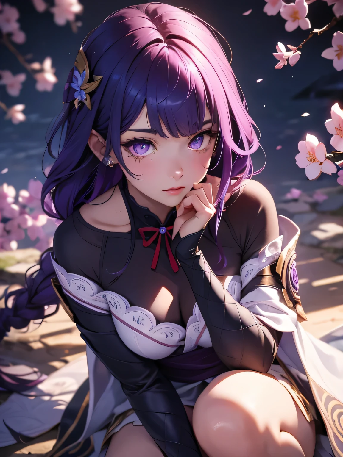 ((Above the knees image:1.4))Japanese Temples, (highest quality,Realistic,masterpiece:1.2,8k wallpaper:1.2),((Pale skin)),One Girl,women only,((Genshin Impact_Impact,General Raiden)),Lightning Particles,Purple Lightning,Light background,cherry blossoms,Purple Theme,Delicate facial features,Sexy and beautiful anime girls,General Raiden,Long purple hair,Rosy lips,Anime Mouth,Shut your mouth.,(Very sad face),fine grain,Big Bust Type,