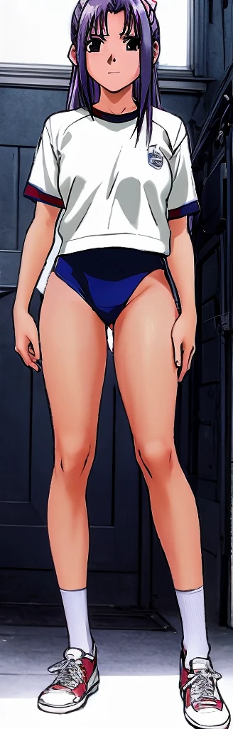 Momoko Koigakubo, a tall girl with beautiful legs, is standing diagonally with her legs spread to the side in a white gym uniform and light navy blue bloomers that look like panties.。The crotch area of the bloomers is emphasized.。