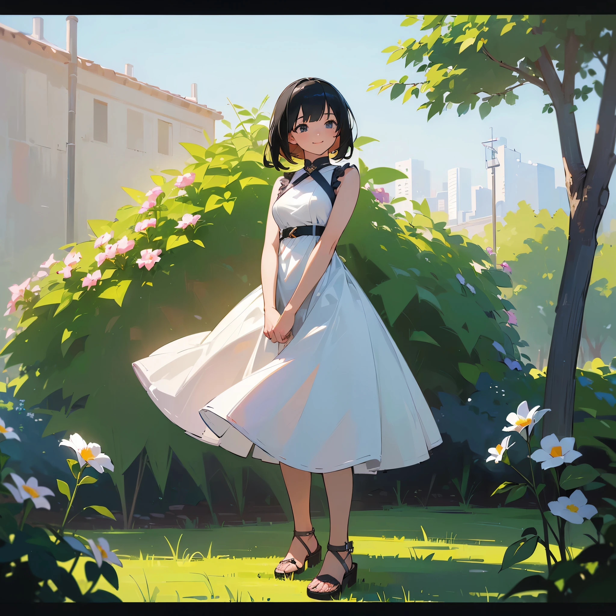 (high quality, High resolution, Very detailed, reality:1.37), Peaceful atmosphere, (Outdoor, garden), Teenage girl standing alone, (my breasts are big.), Beautiful details, Cute Smile, (Black bob hair), White sleeveless dress, Sandals.
