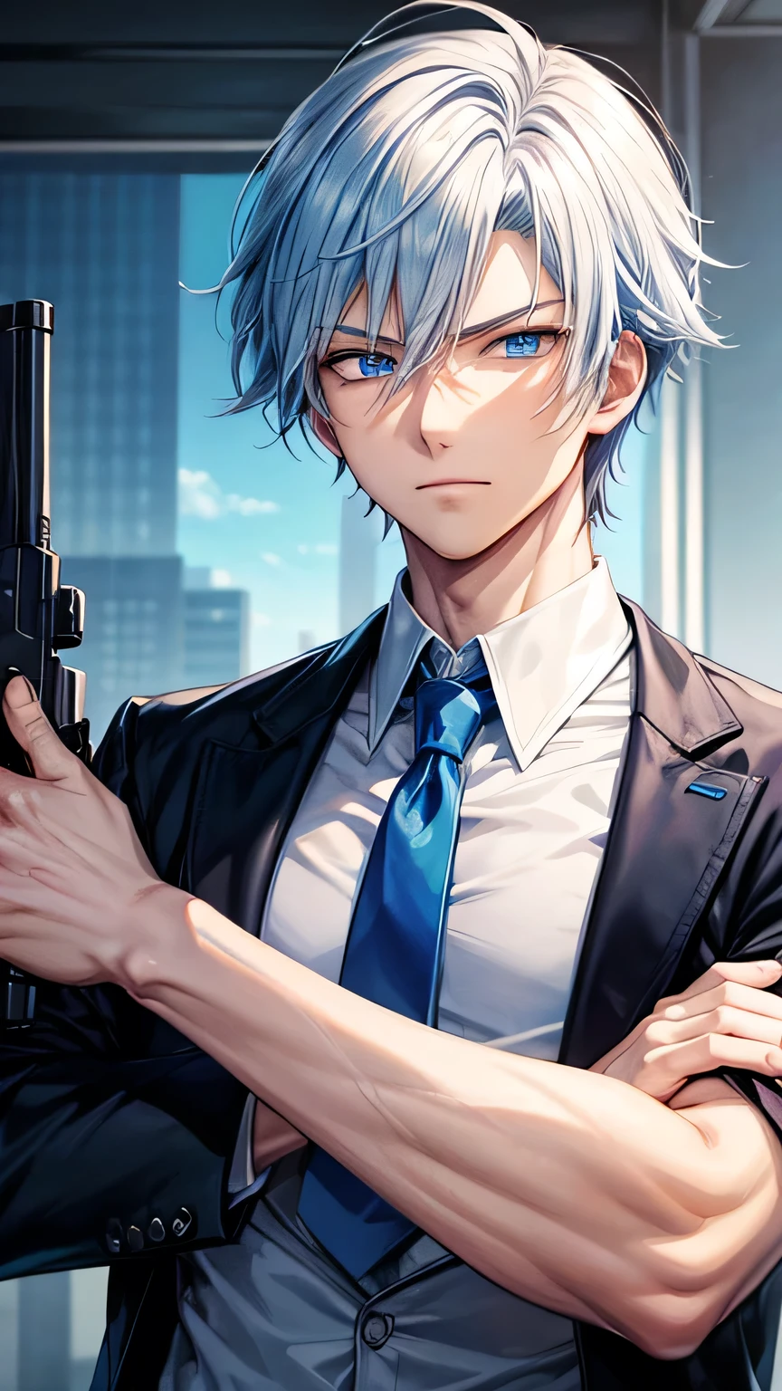 anime character with a gun and a blue tie posing for a picture, tall anime guy with blue eyes, white hair with bangs, handsome anime pose, male anime character, anime handsome man, young anime man, smooth anime cg art, ryuta ueda artwork, makoto shinka, anime boy, highly detailed exquisite fanart, detailed anime character art, best anime 4k konachan wallpaper, cool pose
