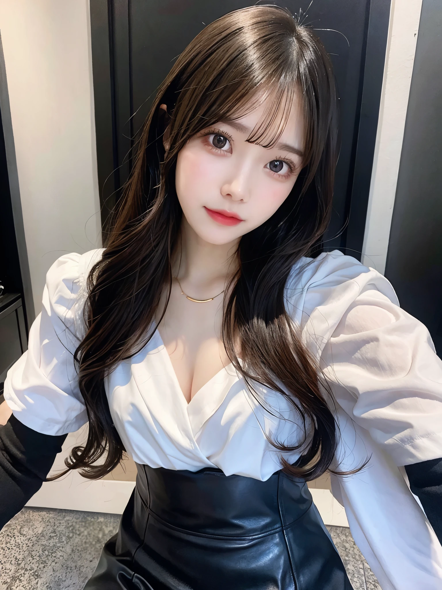 high quality, 4K, In frame, Close-up portrait of a dark-haired woman, Photorealistic anime girl rendering, cute, Full body model, Full Body Shanxia, photorealistic full body, leather, Office Suits, Tight Skirt, Pause, Gloss, satin, Standing posture, Turn around, 