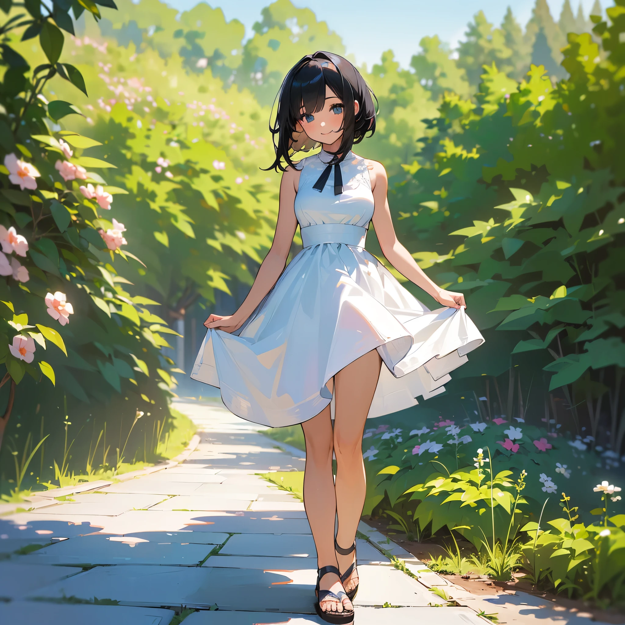(high quality, High resolution, Very detailed, reality:1.37), Peaceful atmosphere, (Outdoor, garden), Teenage girl standing alone, (my breasts are big.), Beautiful details, Cute Smile, (Black bob hair), White sleeveless dress, Sandals.