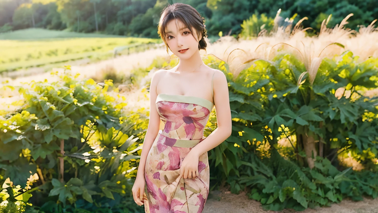 Young Girls, Standing in a rustic farm setting. She has a soft, Gentle smile, Expressive eyes and sexy cleavage. The background features a charming barn, Golden wheat fields, and a clear blue sky. The composition should be bathed in a warm environment, Golden hour lighting, Soft depth of field and soft bokeh highlight the tranquility of the countryside. Capture images just like shooting on old-school 35mm film，Add charm, Looking at the audience, Floral_Print, Print_skirt, Print_kimono