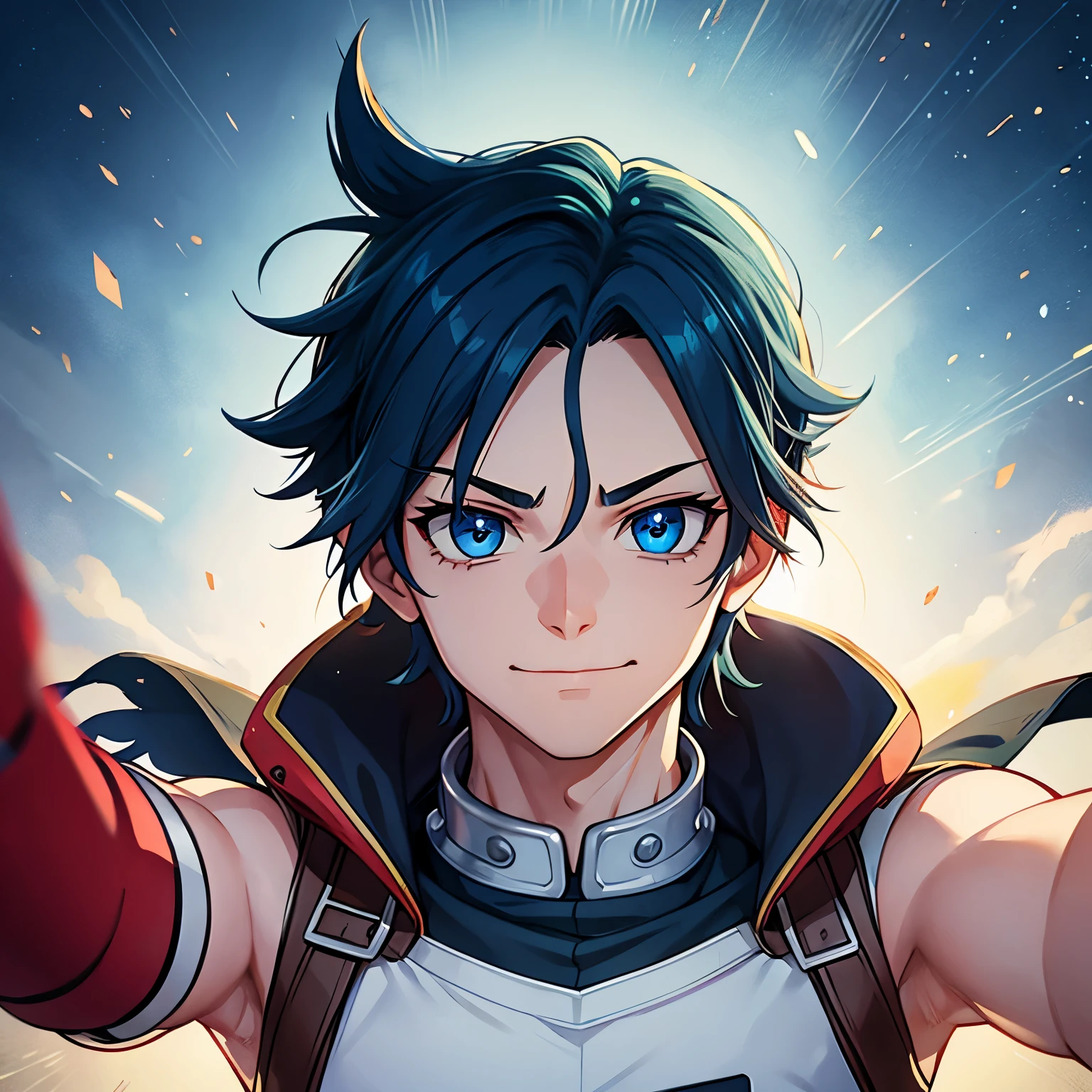 Boy with 17-year-old appearance, semi-square blue eyes, de iris vertical, pelo negro ondulado largo en capas, with fringe on the forehead, the left one reaches the chin and the right one where the eye, con las puntas azules, moreno sonriendo cejas gruesas estilo anime de Boku no hero academia 
