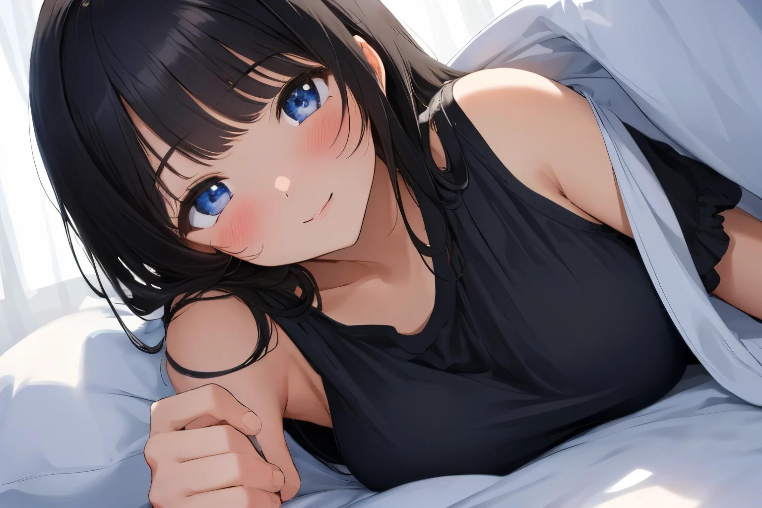 Masterpiece、highest quality、1 female、Super detailed Black Hair、bangs Blue Eyes、Detailed depiction of the eyes Smiling、blush camisole Face is close、Facial Close-up、Bring your face closer Lying on your side、Spread your shoulders、Put your hands forward Sheets