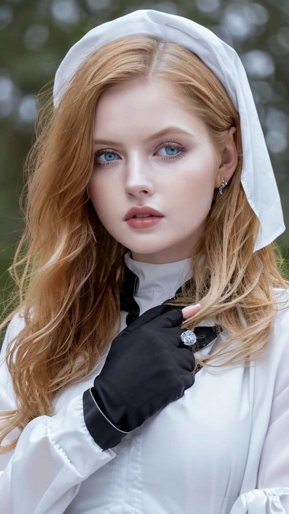 1 miniature Beautiful beautiful woman - Yuan Sayuki, ((top quality, 8K, Masterpiece:1.retty woman, 1 woman, huge breasts:1.3, a slim body:1.1, lush GINGER long hair with 2 ponytails and buns, (shower, wet body, wet clothes:1.1), very detailed face, detailed lips, detailed eyes, double eyelids, Detailed blue eyes, чрезвычайно Detailed Outstanding Blue Eyes, long GINGER wet hair, GINGER wet hair, Detailed Outstanding Blue Eyes, innocent look at the viewer, very wet wavy white hair, Detailed Outstanding Blue Eyes, huge cross earrings, Outdoors, badges behind, gothic maid uniform, sexy maid dress, bare chest, huge chest tattoo, detailed huge catholic cross earrings, chest tattoo, Outside, wear a silver cross (Detailed cross shape), reality mode, wet breasts, black necklace, human crowd behind, black latex gloves, hair of white snowy colour, night time, red neon lights, demonic nun, nimbus (golden lighting ring above her head), angel, snowy weather, sexy pose, white lingerie, black maid dress, detailed flower wreath made of different colours, open chest