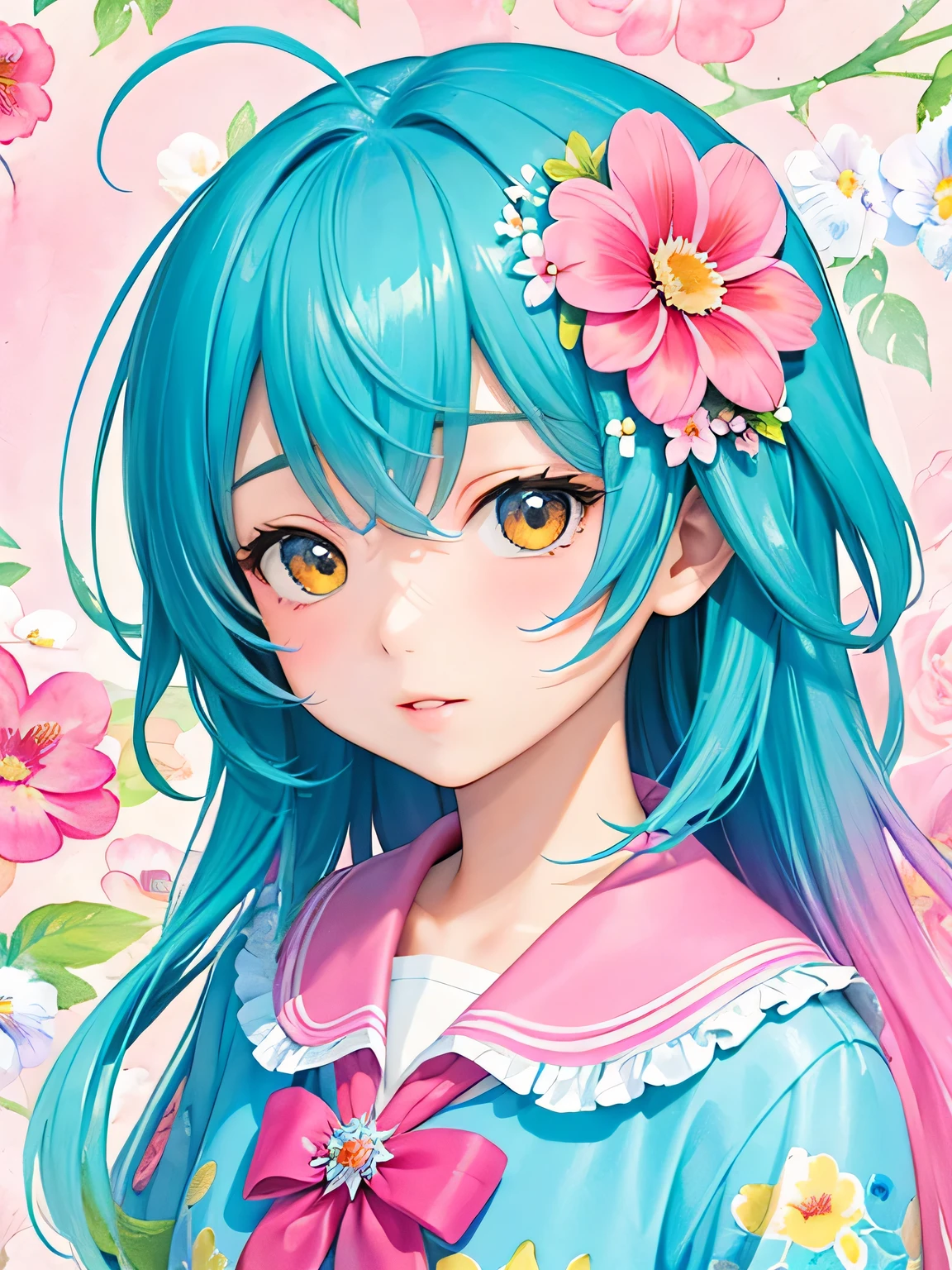Momoko Sakura style、8K Quality、Intense watercolor, Detailed watercolor art, Watercolor splash, Surreal, avant-garde pop art, Beautiful and expressive paintings, Beautiful artwork illustration, Very colorful tones, wonderful, Cool beauty, highest quality、Official Art, Vector art, Stylish design, ((The most beautiful girl of all time)), (((highest quality))), HDR, ((detailed)), (((Doodle Art)), ((masterpiece)), ((Super detailed)), (((Colorful flowers))), funny day