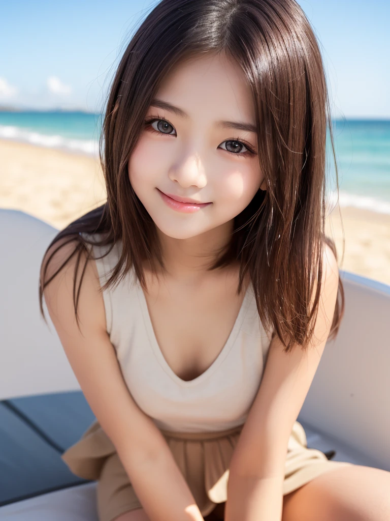(masterpiece,highest quality,超A high resolution), (((Very beautiful 12 year old girl))), pretty girl、USA Travel、California、Beach、smile、 Outdoor、Super cute face, Glossy lips, Double eyelids on both eyes, Natural Makeup, Long eyelashes, Shiny and smooth light brown long bob hair, Perfect limbs, FULL Body, Cute clothes、Tank top、mini skirt、