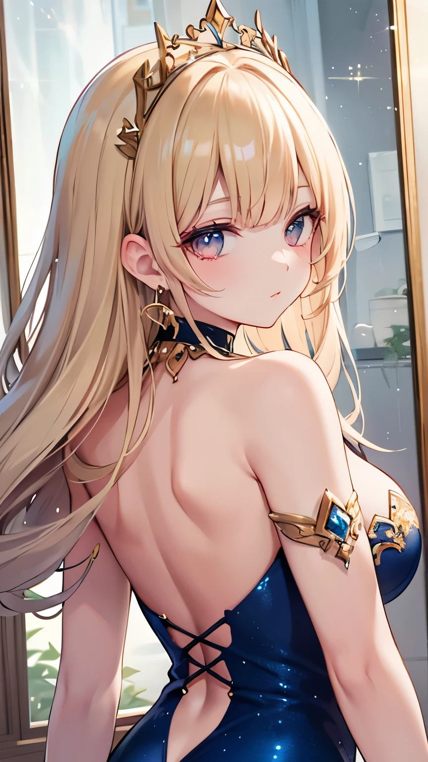 ((best quality)), ((masterpiece)), (detailed), perfect face, ((Best quality, 8k, Masterpiece: 1.3)), Sharp focus A beautiful woman, Highly detailed face and skin texture, Detailed eyes, Double eyelid, blonde hair, bangs, hime cut, crystal hair, big hair, shiny hair, tiara, gradient eyes, crystal earrings, serious, sparkle, reflection light, Greek mythology goddess, Artemis, lake, laurel wreath, ((silk dress, rich drapes)), glitter, bejeweled, back