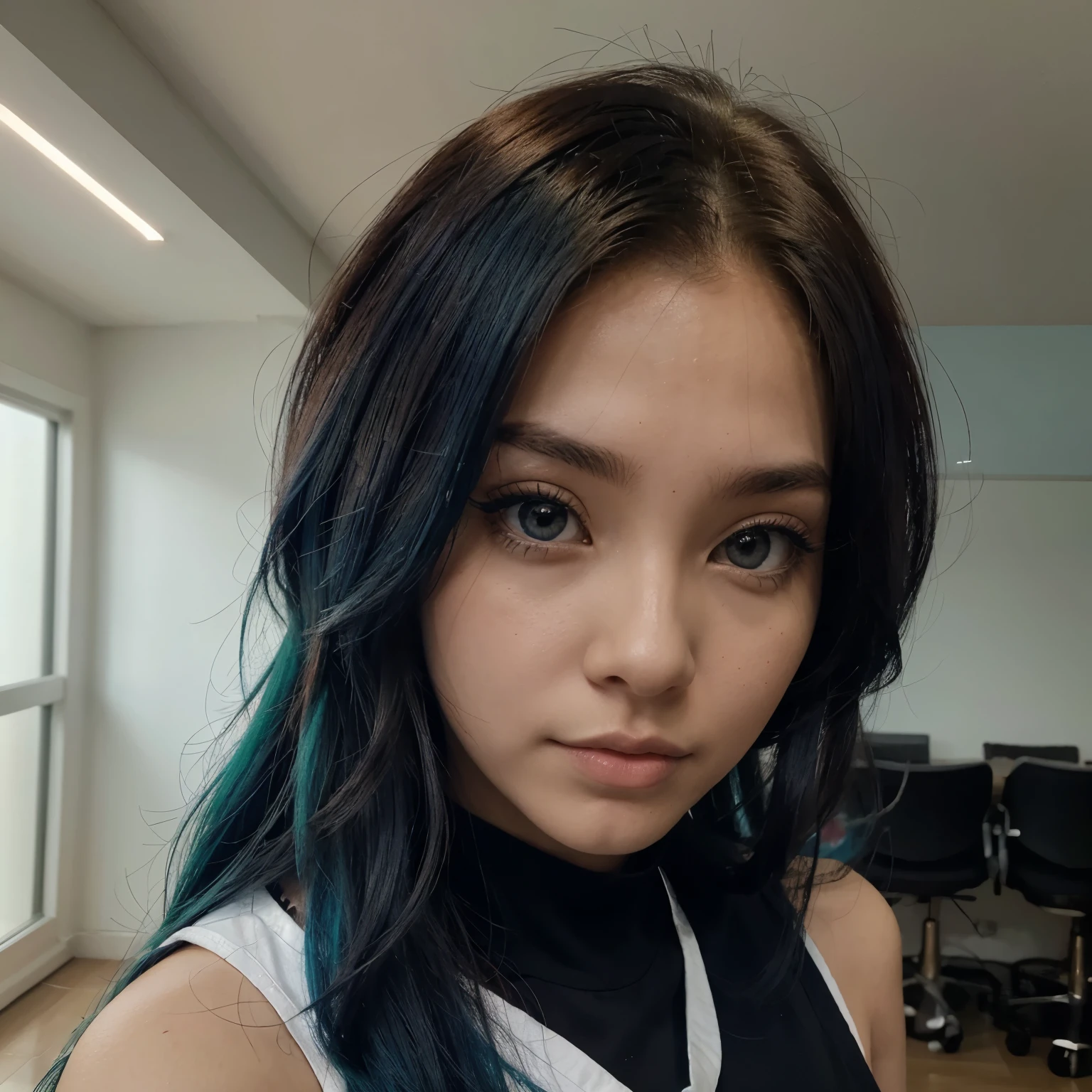 , anime, pele clara,cabelo liso longo vermelho com mechas azuis, cropped azul ciano, saia azul ciano, olhos verdes. 