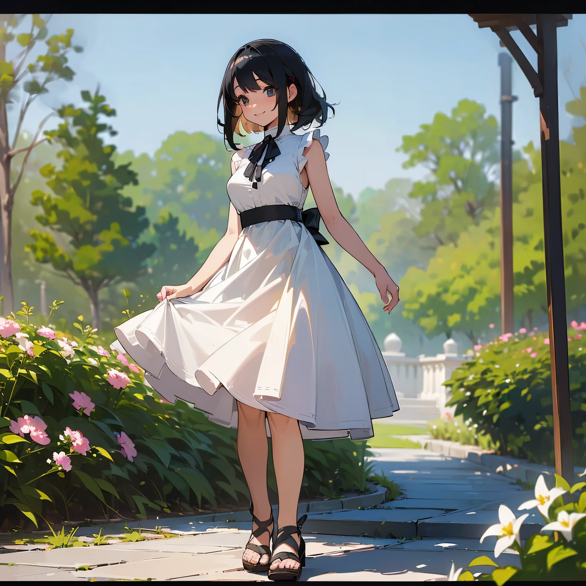 (high quality, High resolution, Very detailed, reality:1.37), Peaceful atmosphere, (Outdoor, garden), age girl standing alone, (my brea big.), Beautiful details, Cute Smile, (Black bob hair), White sleeveless dress, Sandals.
